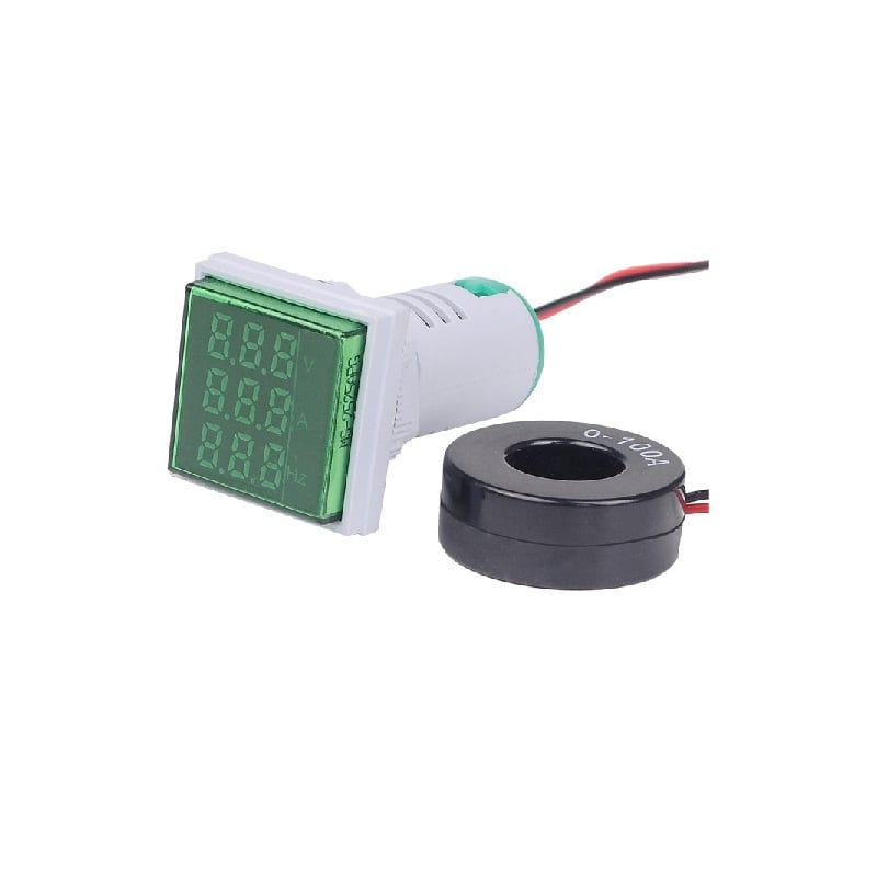 Green AC50-500V 0-100A 0-100Hz  AD16- 22AVHz 3 in 1 Square LED Voltage Current Hertz Indicator