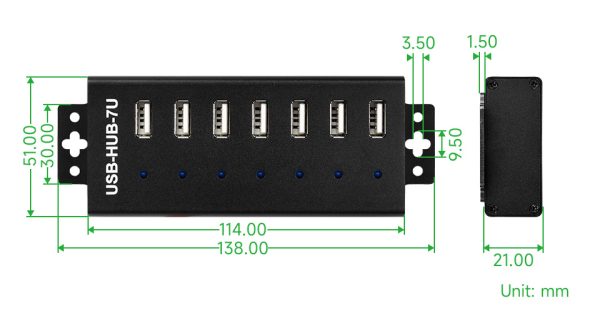 Waveshare Industrial Grade USB HUB, Extending 7x USB 2.0 Ports