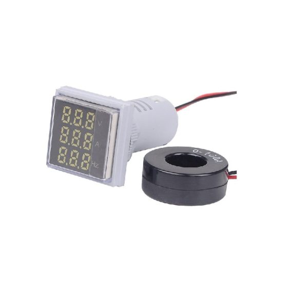 White AC50-500V 0-100A 0- 100Hz  AD16-22AVHz Square Cover LED Voltage Current Hertz 3 in 1 Indicator