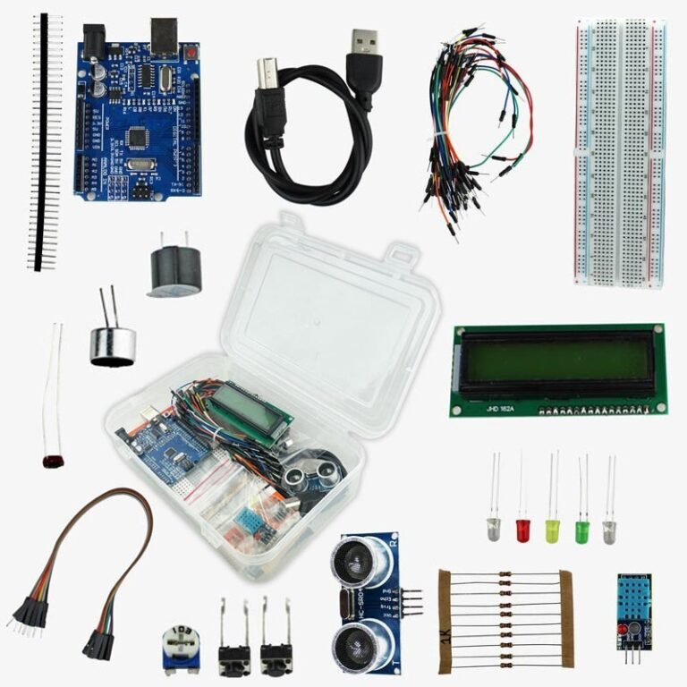 Arduino Starter Kit with Arduino UNO R3,  Breadboard,  LED,  Resistor, Jumper Wires and Power Supply – build more than 10 DIY Projects