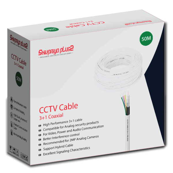 Coaxial Pure Copper 3+1 CCTV White Cable 50 Meter
